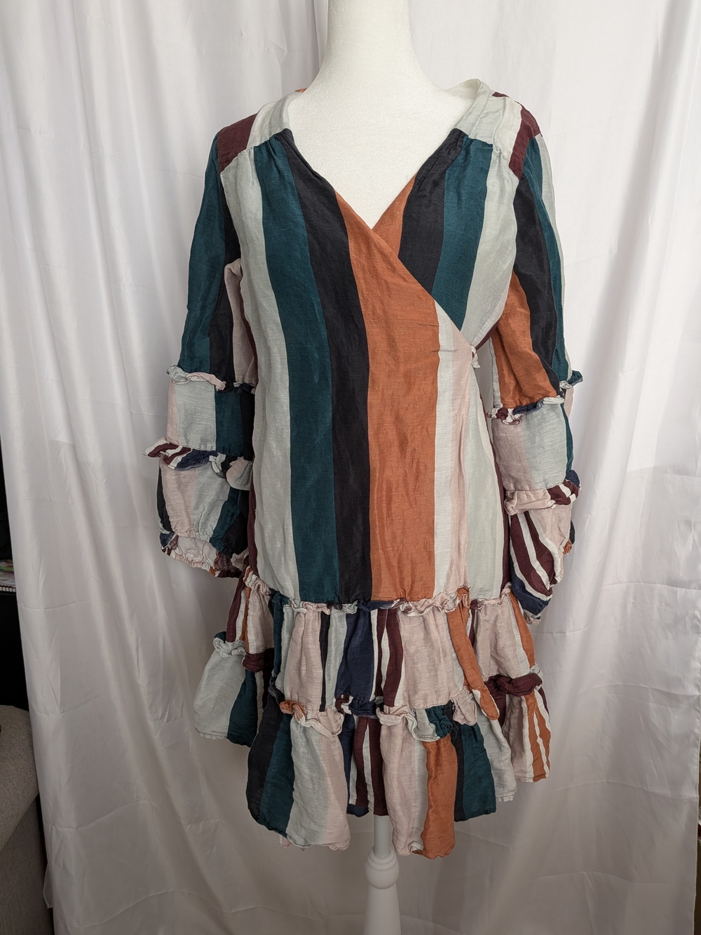 Apiece Apart Zarza Striped Multi-Color V-Neck Tiered Women's Dress Size 8
